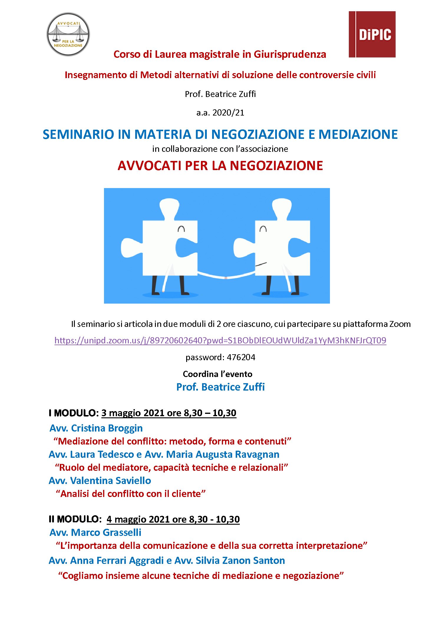 Seminario mediazione e negoziazione 3 e 4 maggio 2021 Università di Padova